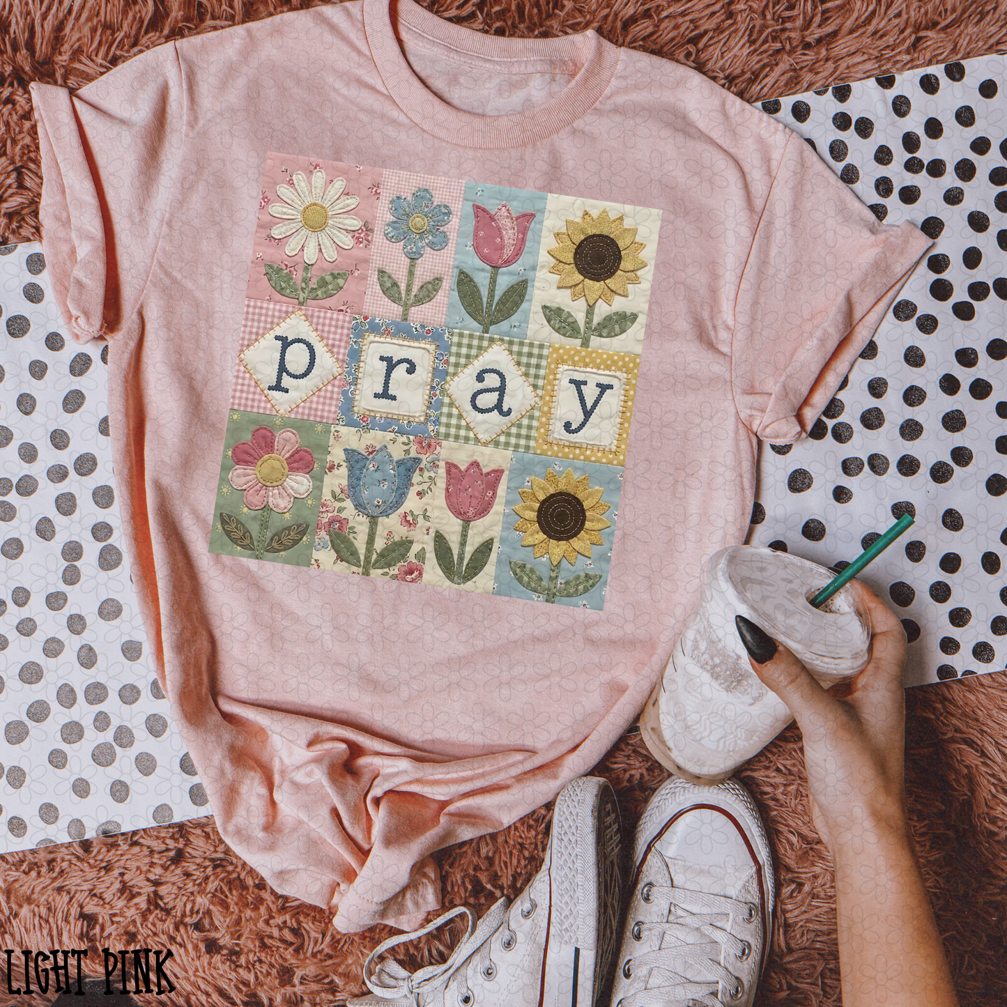 Quilted Pray with Flowers DTF Transfer