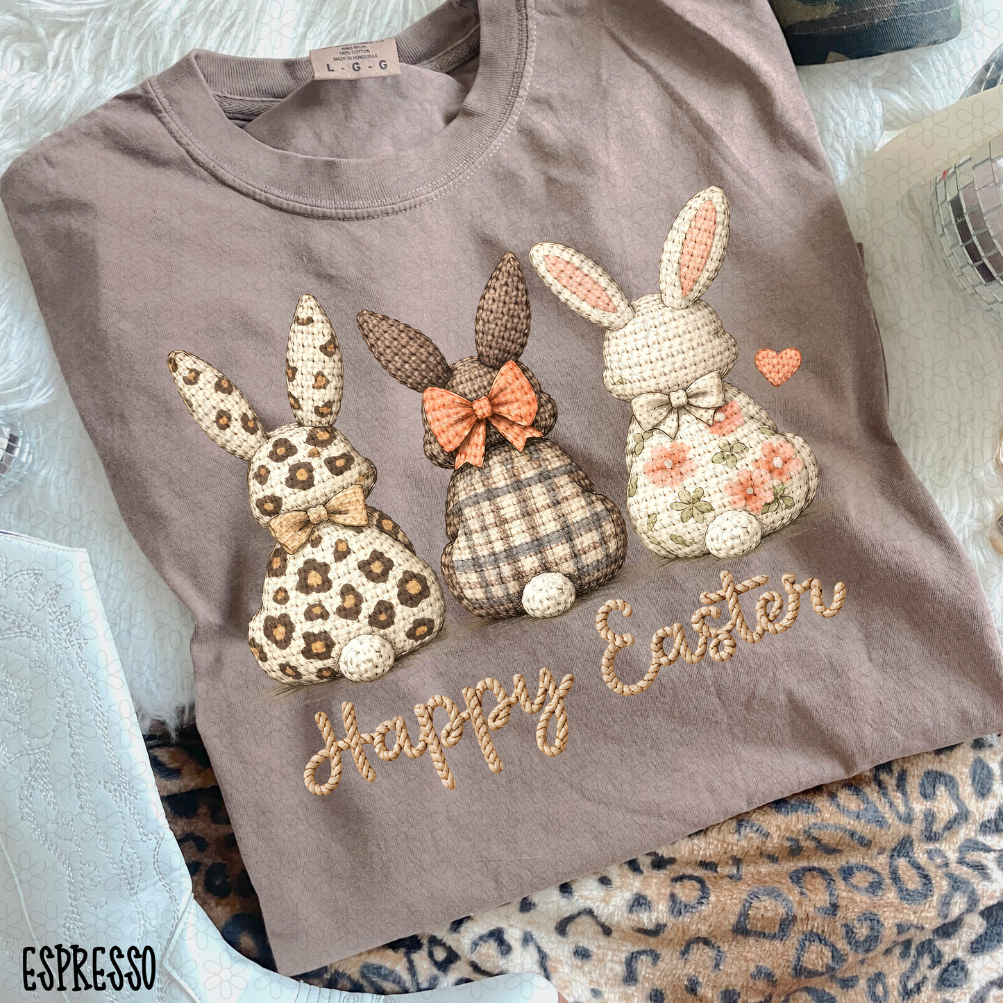 Crochet Bunny Trio Happy Easter DTF Transfer