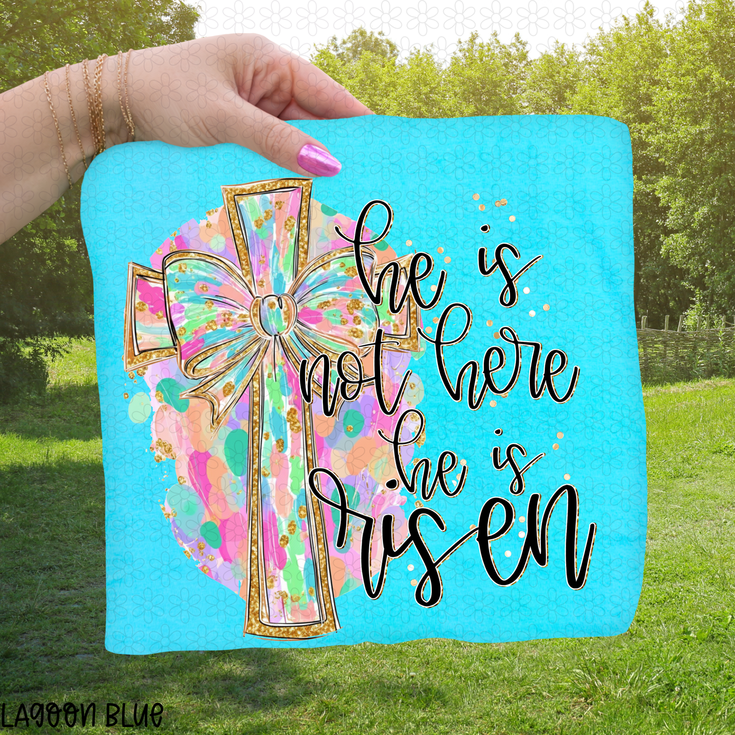Watercolor Gold Glitter Cross He Is Not Here He Is Risen DTF Transfer