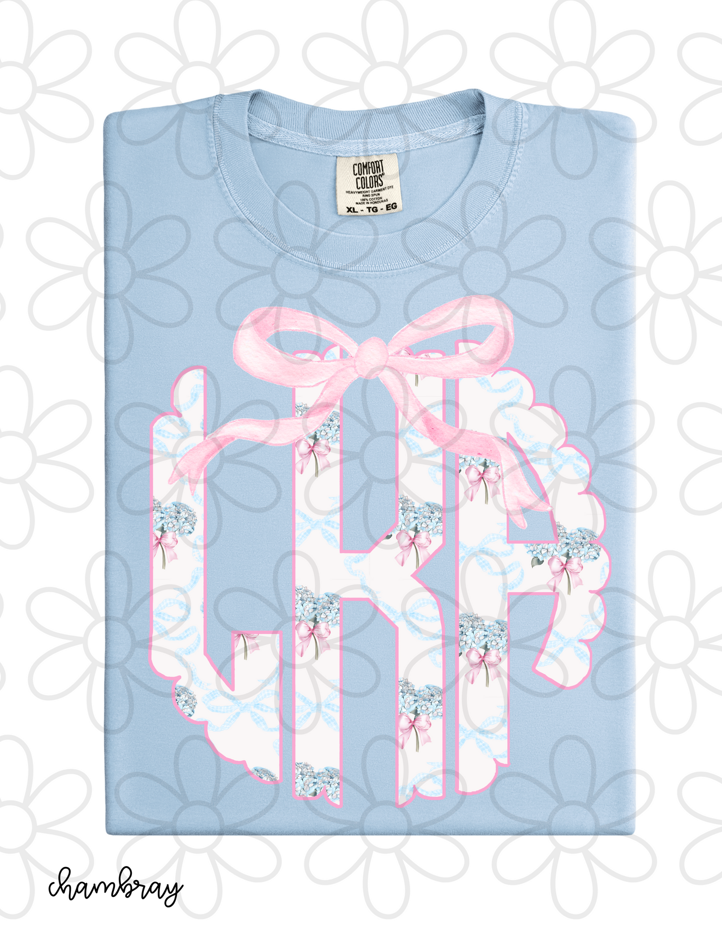 Blue Hydrangeas Pink Bow Monogram Completed Tee