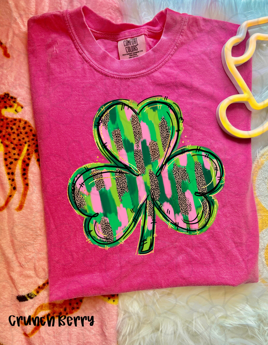 Pink Leopard Brushstroke Shamrock Kids Completed Tee