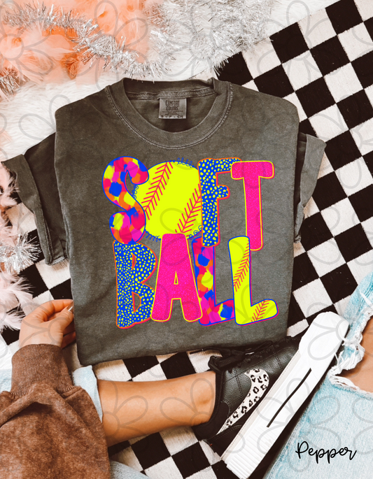 Pink Yellow Blue Softball Kids Completed Tee