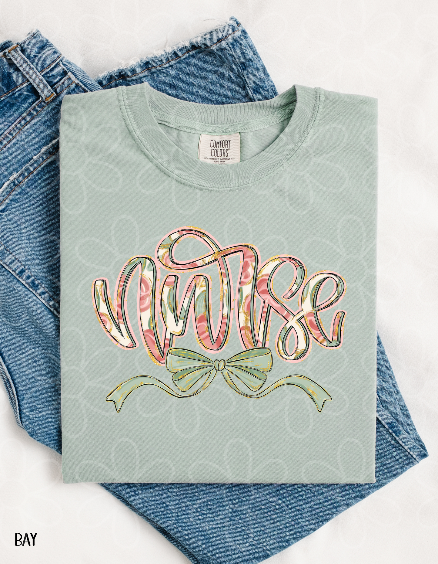 Green Gold Glitter Bow Flower Nurse Completed Tee