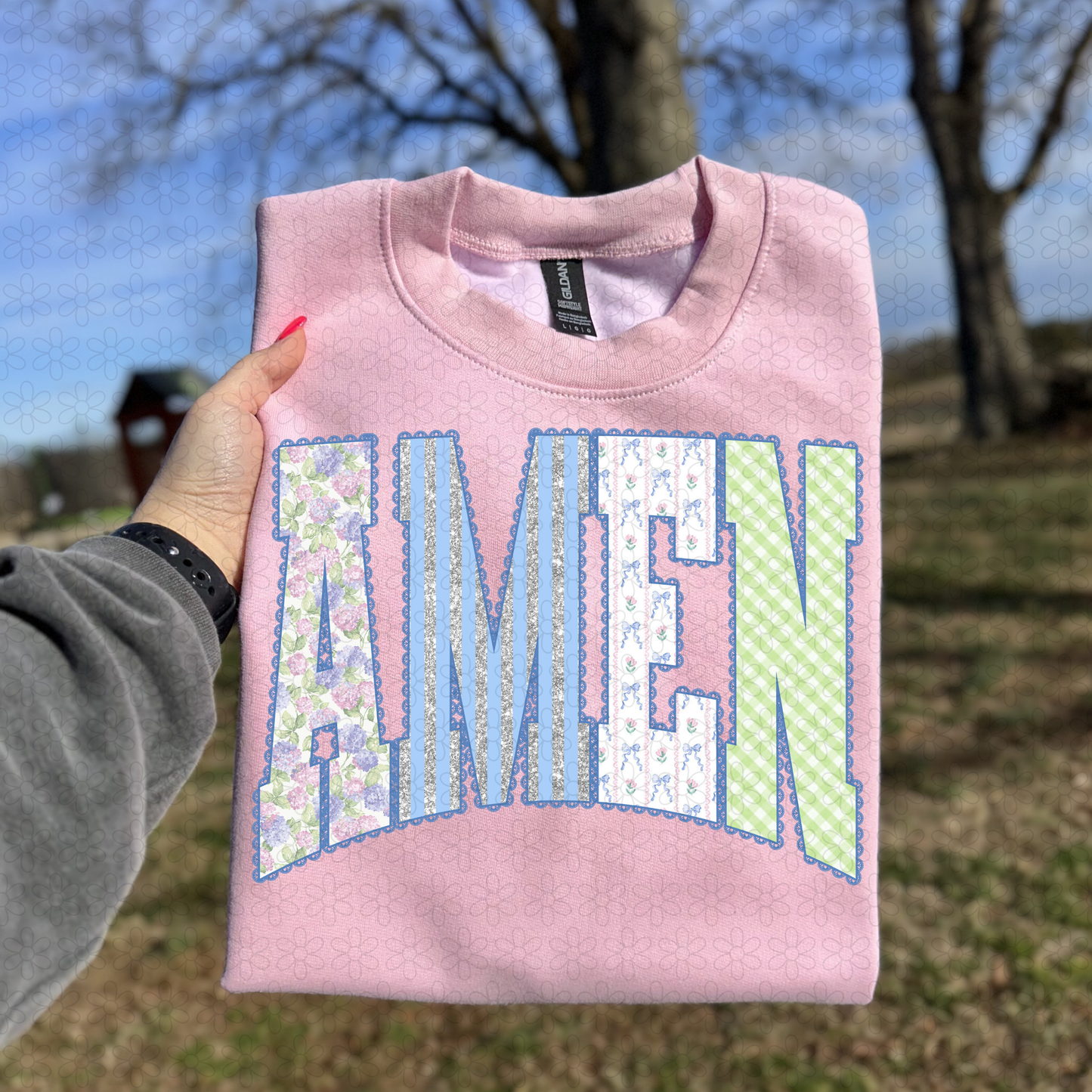 Blue Lace Floral Glitter Amen DTF Transfer