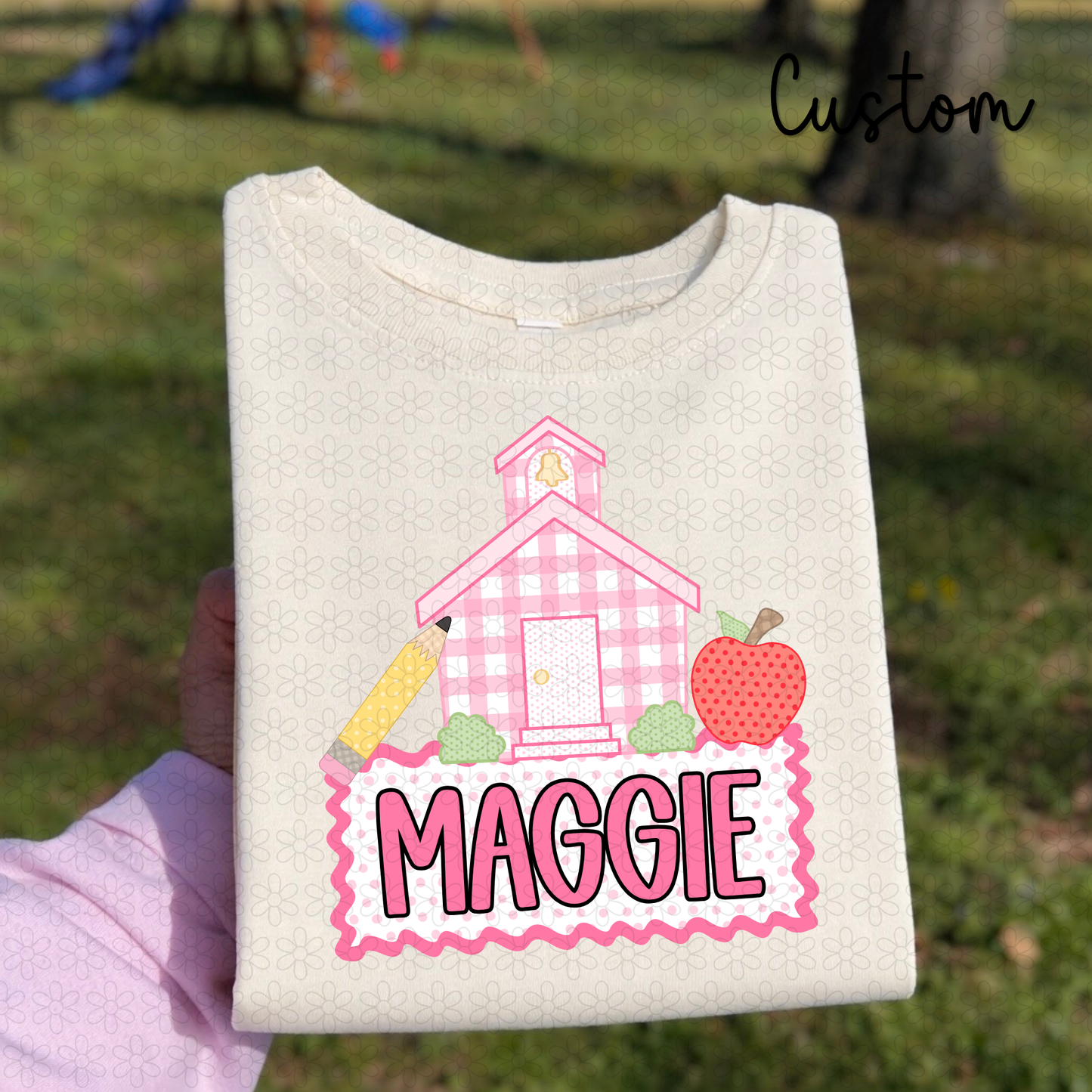 Custom Pink Gingham School Name Plate DTF Transfer