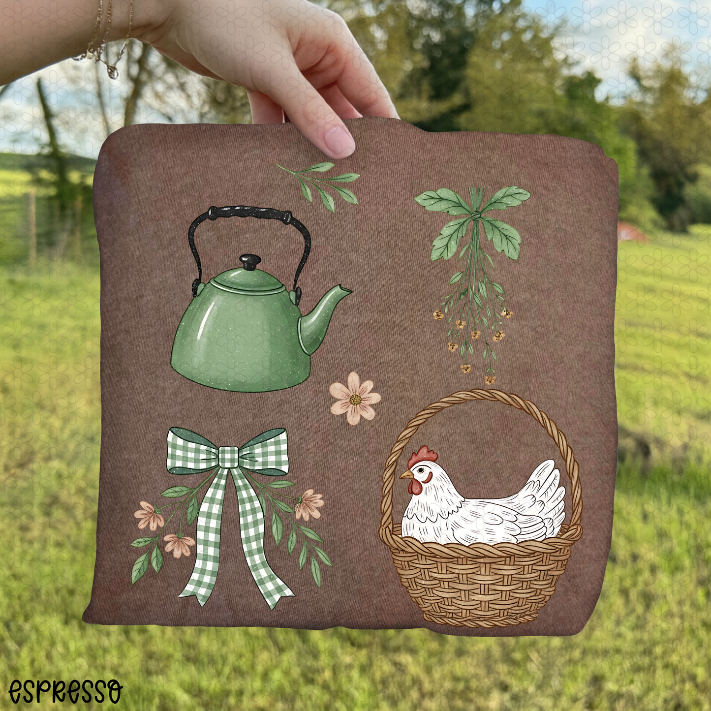 Green Watering Can and Chicken in Basket DTF Transfer