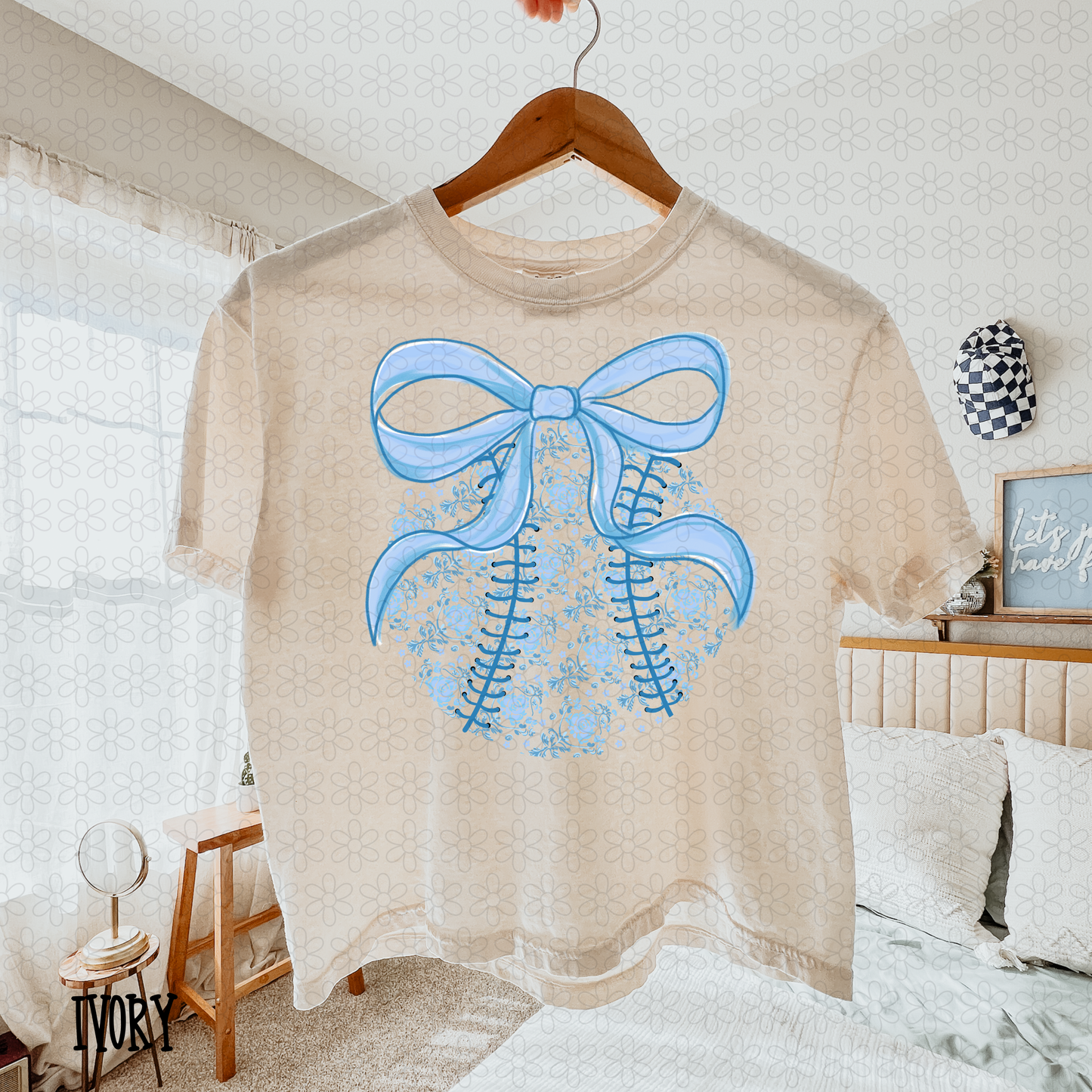 Blue Toile Coquette Bow Baseball DTF Transfer