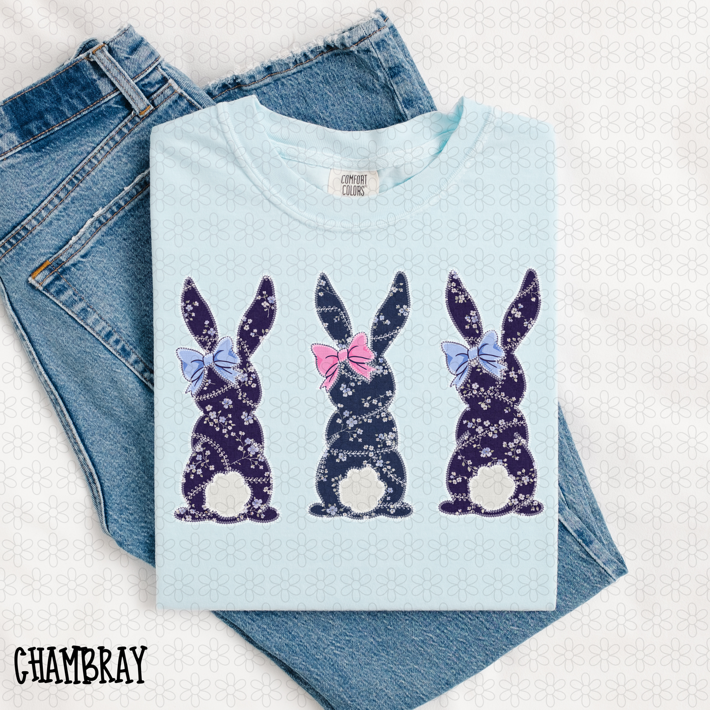 Blue Floral Trio Bunnies DTF Transfer
