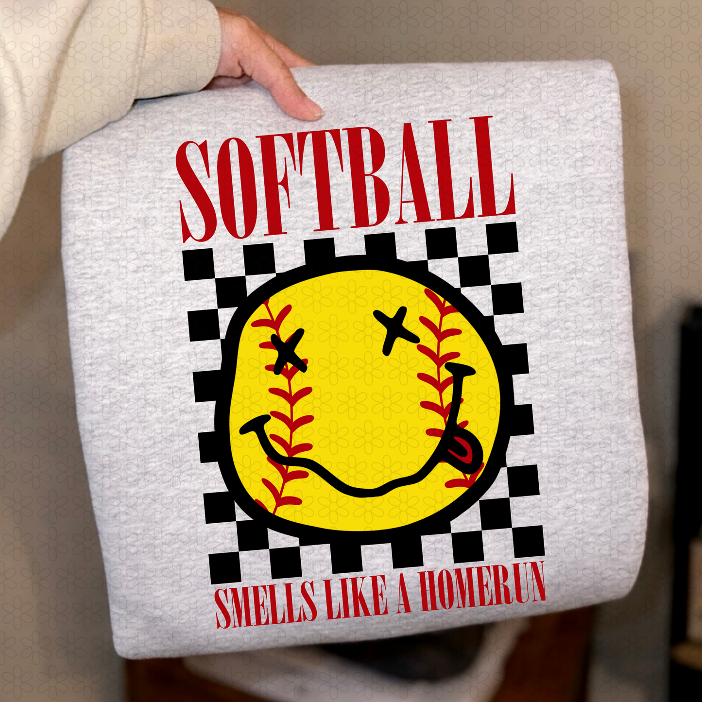 Smiley Softball Smells Like A Homerun DTF Transfer