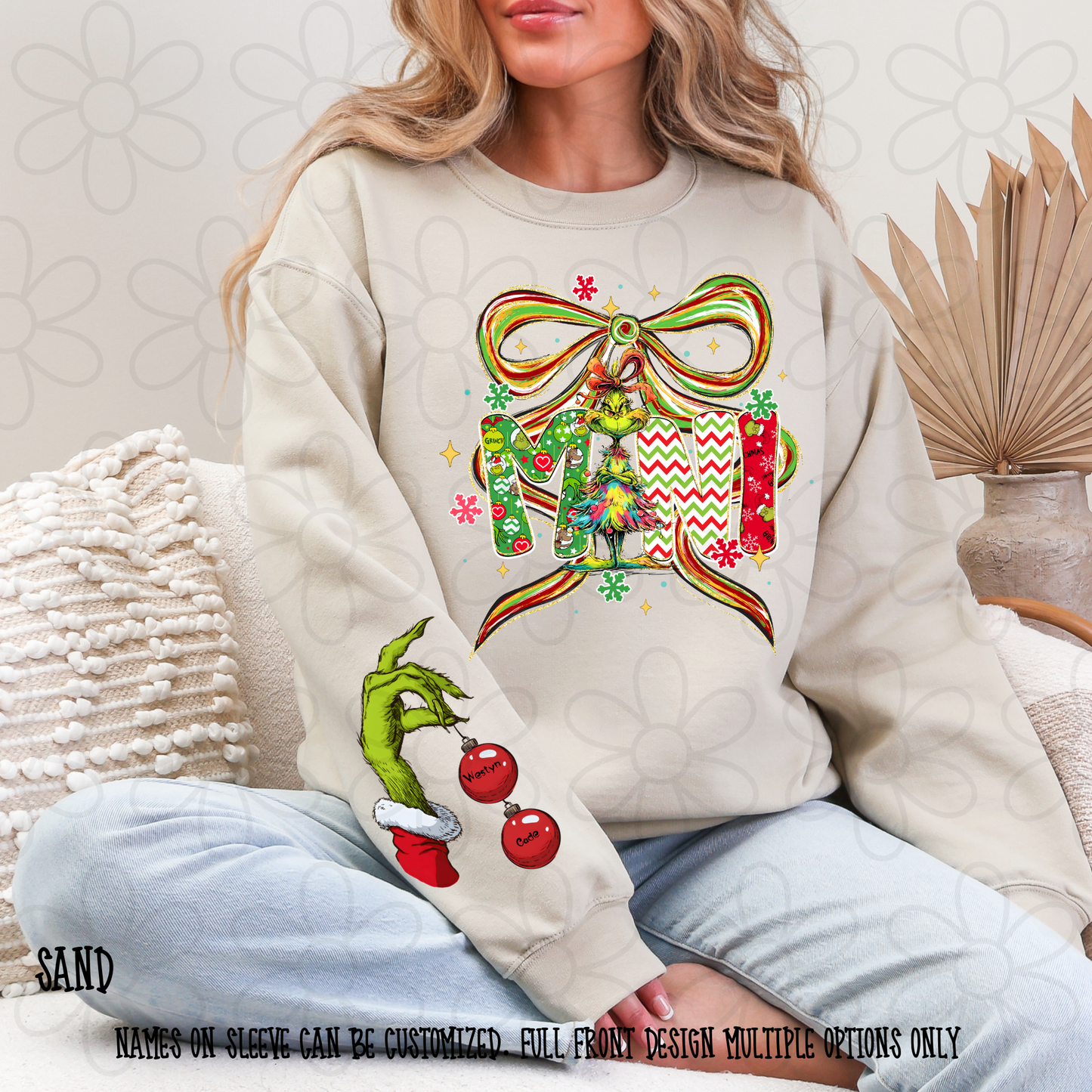 Christmas Watercolor Bow Grinch Name Custom Sleeve (Multiple Front Options) DTF Transfer