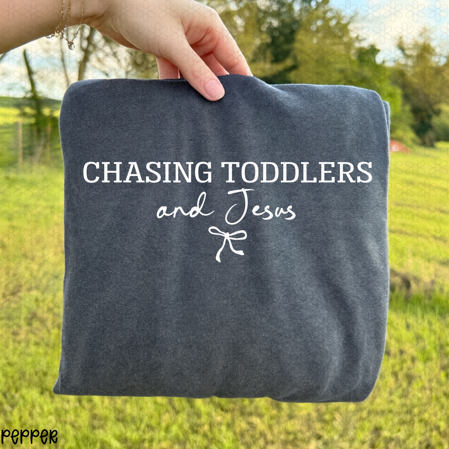 Simple Bow Chasing Toddlers and Jesus - White DTF Transfer