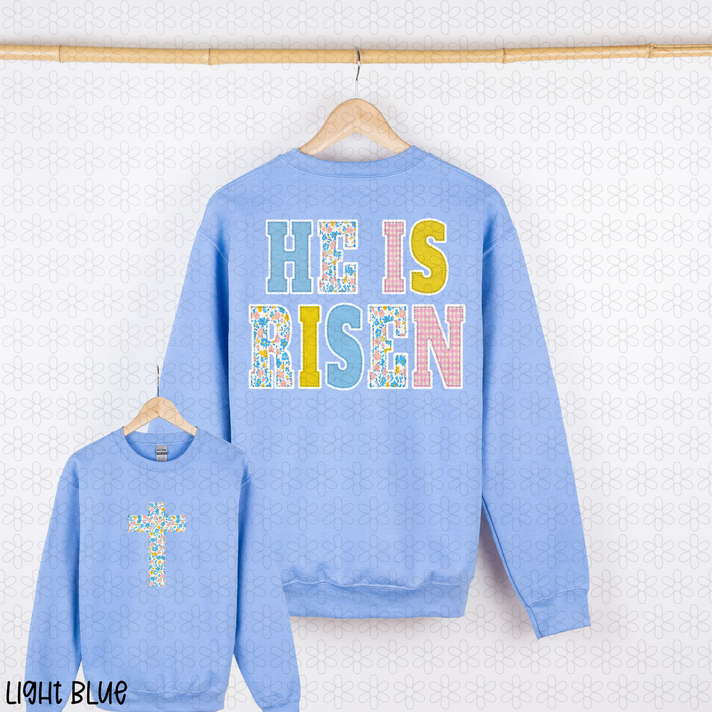 Blue Floral Gingham He Is Risen DTF Transfer