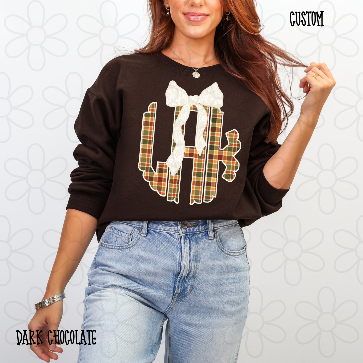 Autumn Plaid Lace Bow Custom Monogram Kids Completed Tee