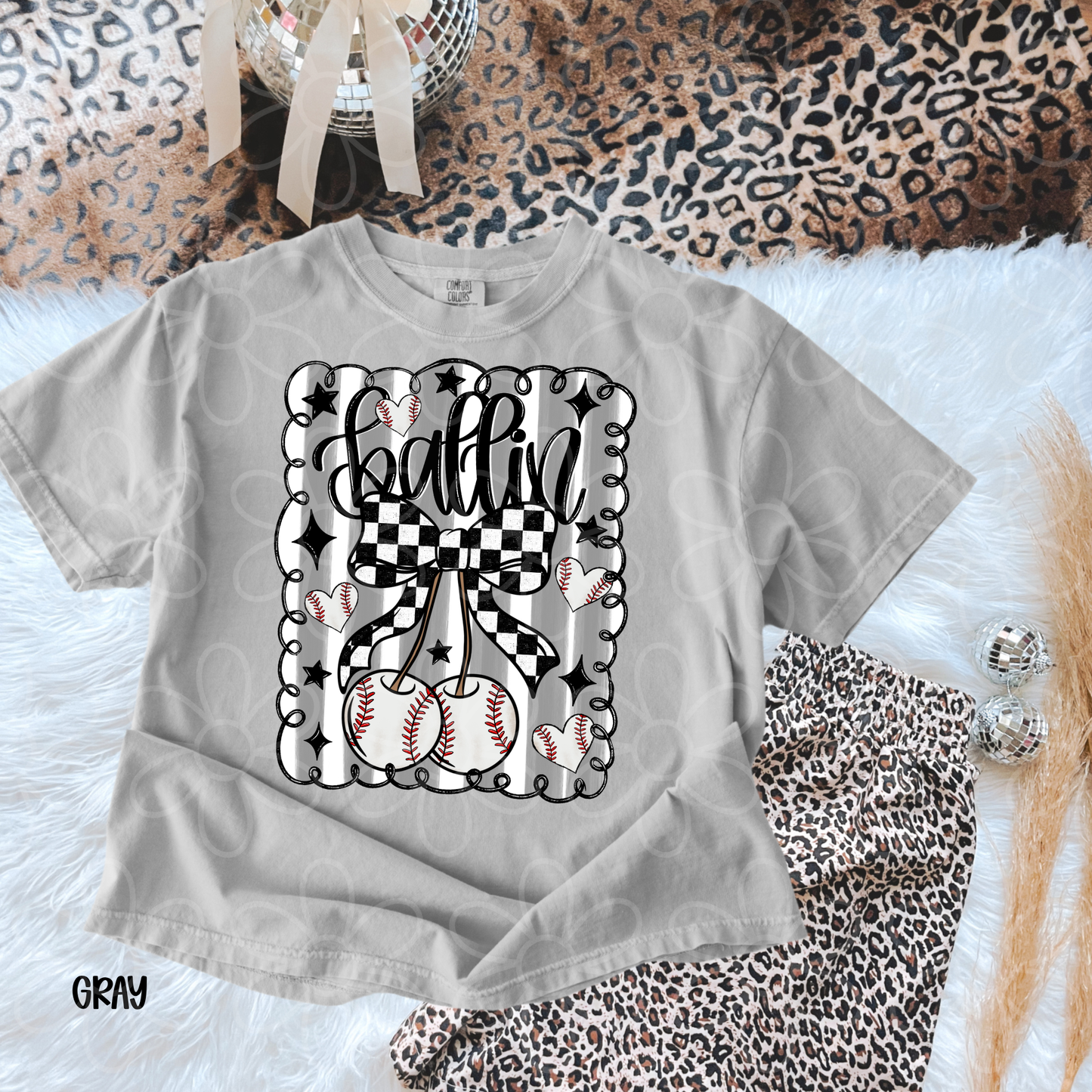 Ballin Baseball Cherry Bow Kids Completed Tee