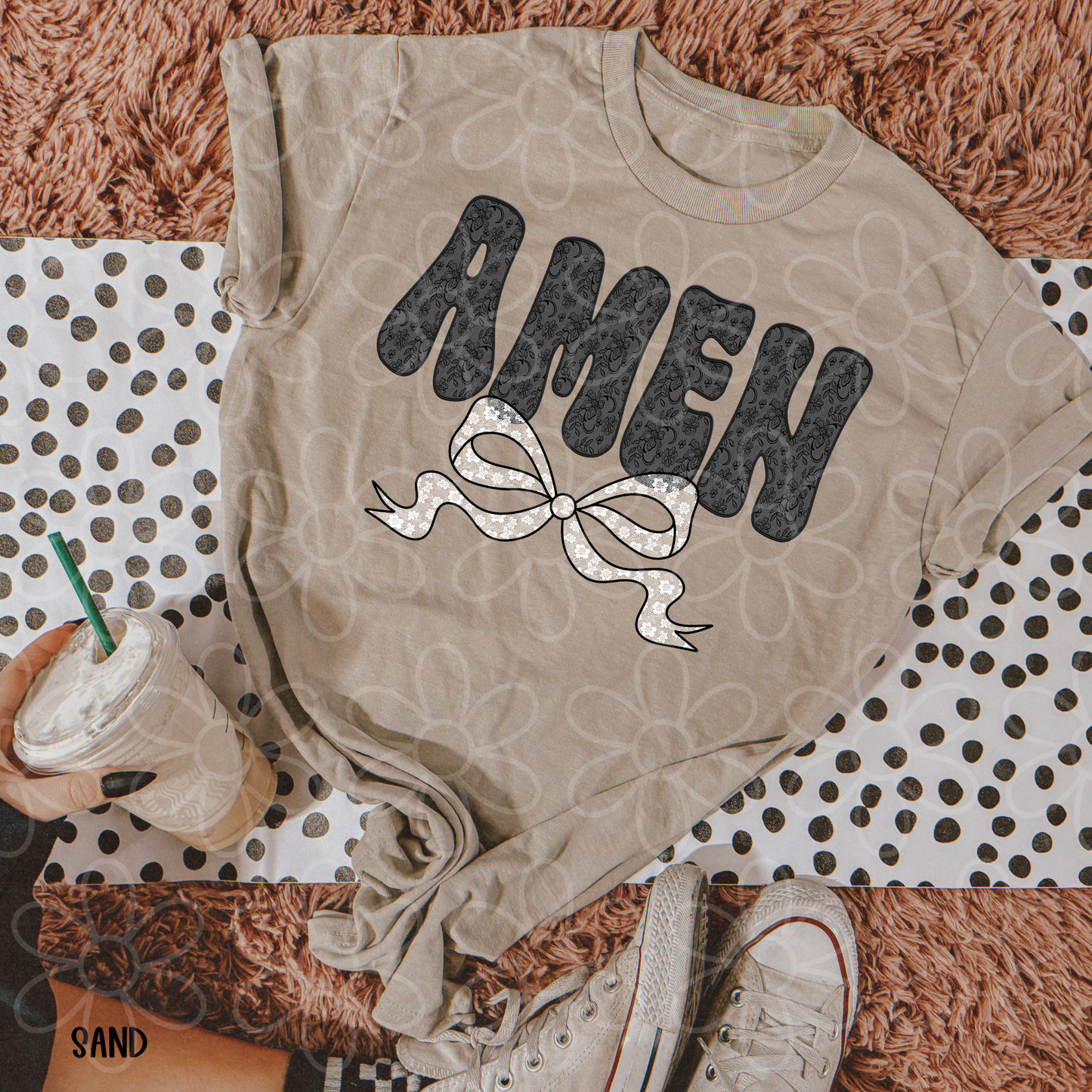 Black Lace Amen Bow Kids Completed Tee