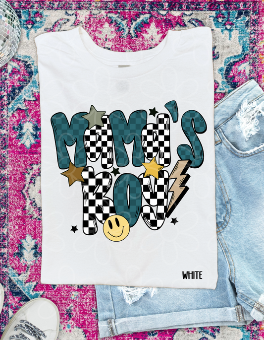 Blue Checkered Retro Smiley MaMa's Boy Kids Completed Tee