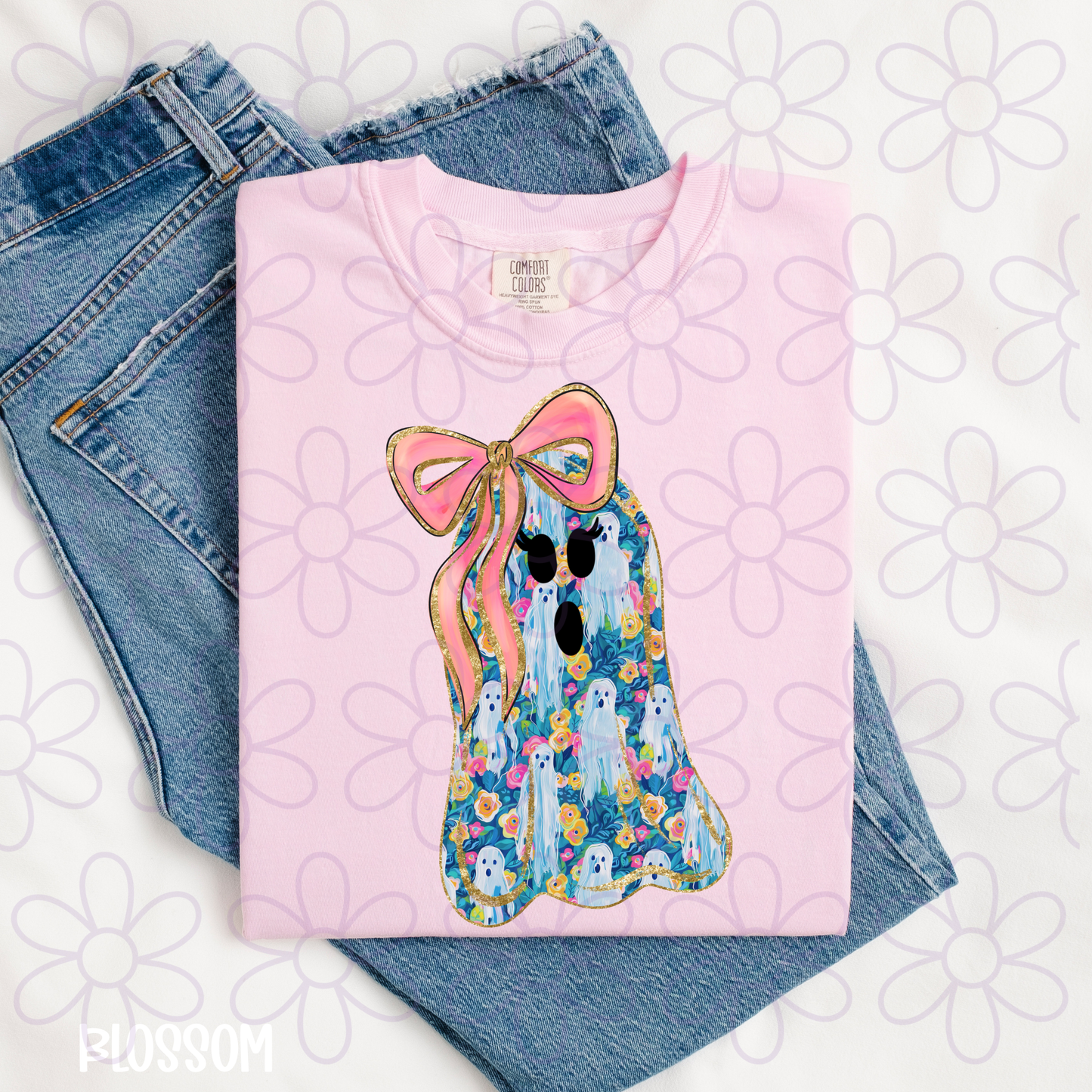 Blue Floral Ghosts Pink Bow Kids Completed Tee