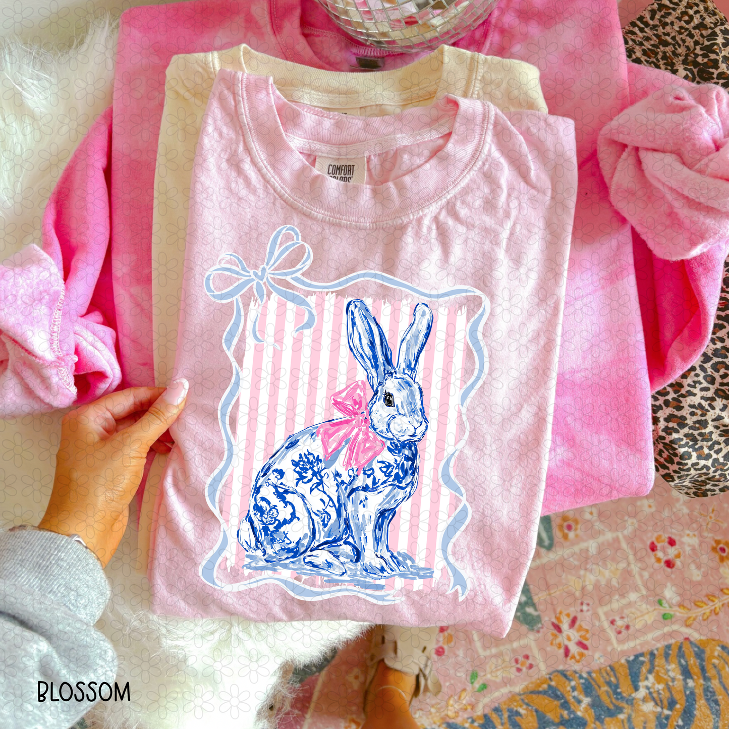 Blue Toile Bunny Bow DTF Transfer