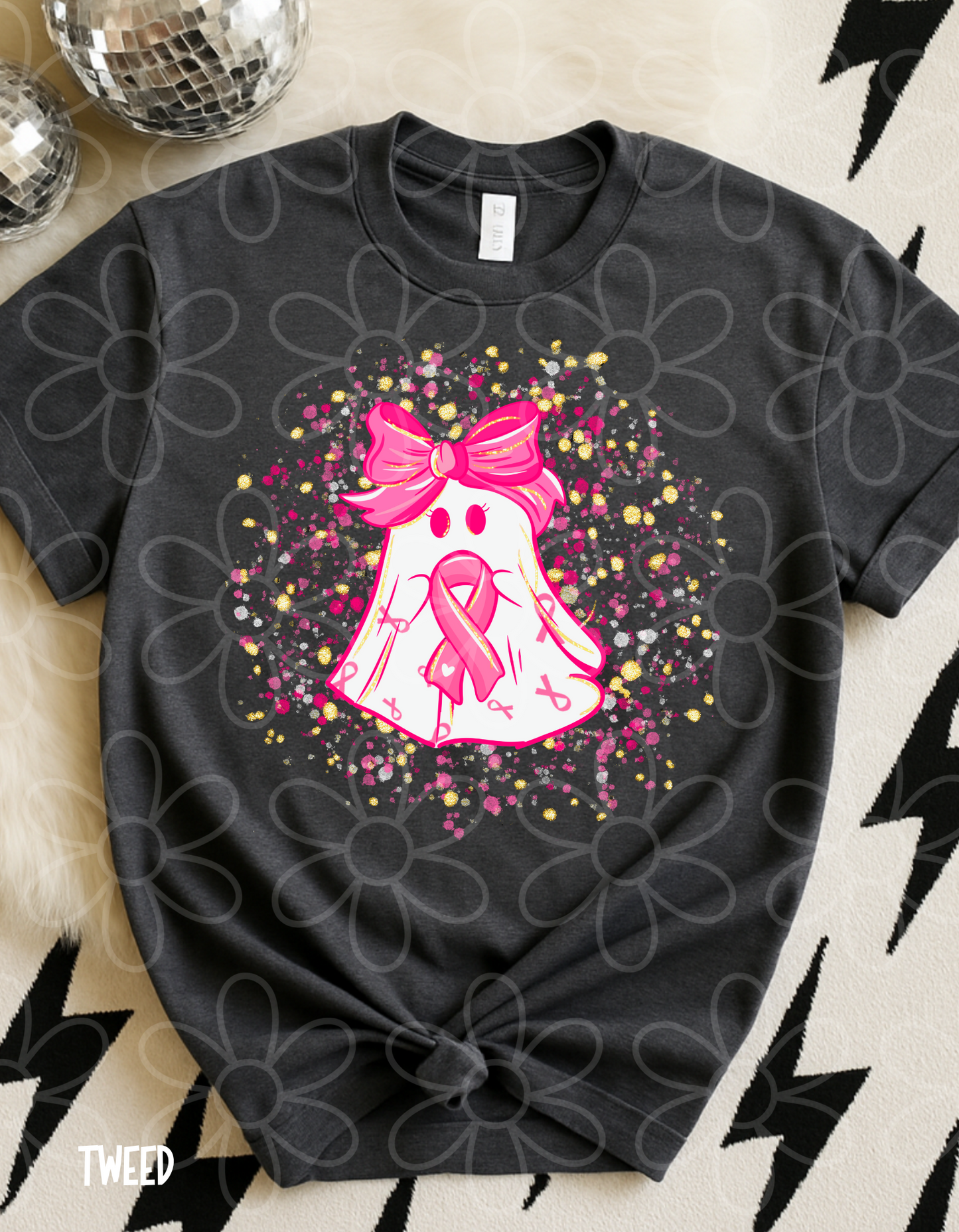 Breast Cancer Awareness Pink & Gold Ghost Completed Tee