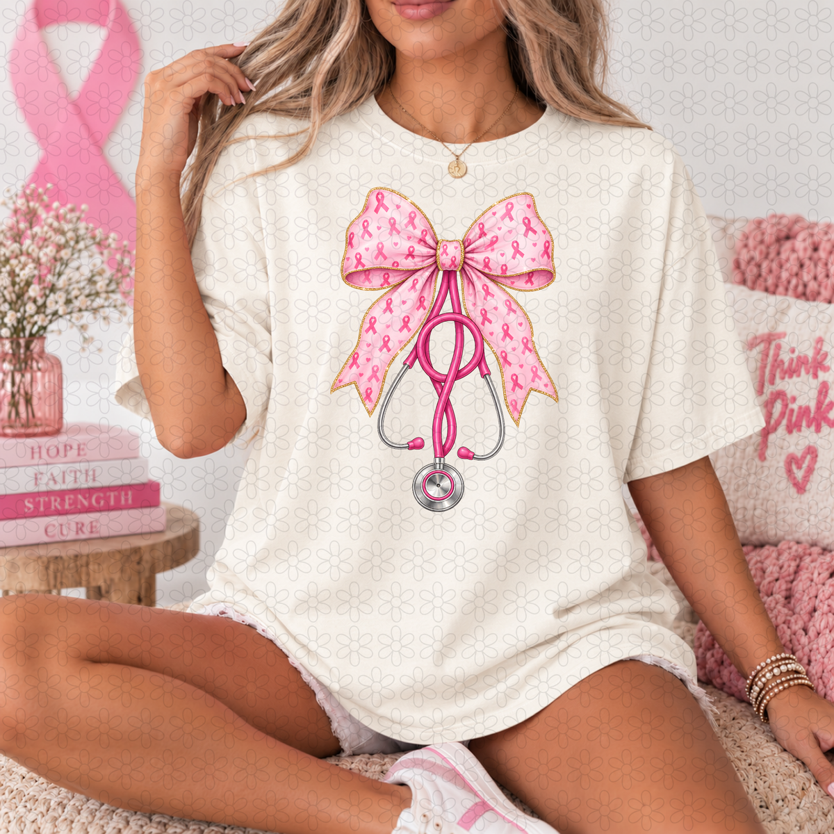 Breast Cancer Bow Stethoscope DTF Transfer
