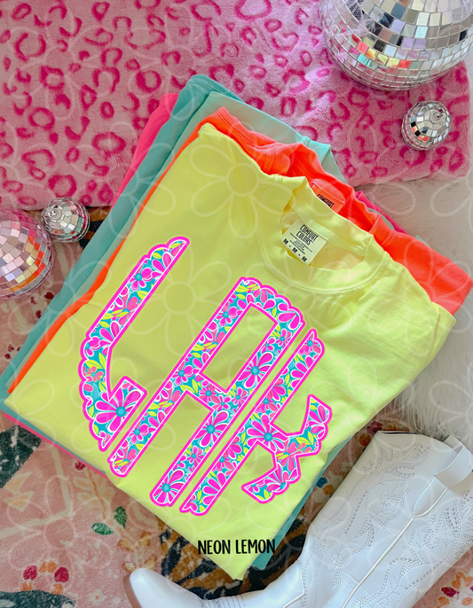 Bright Floral Scallop Monogram Kids Completed Tee
