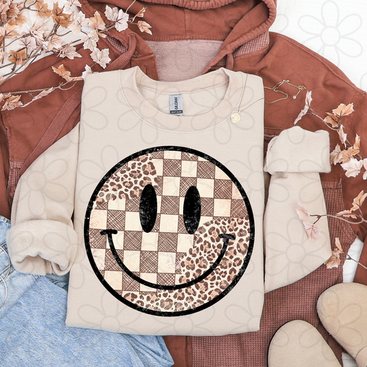 Brown Checkered Leopard Smiley Completed Tee
