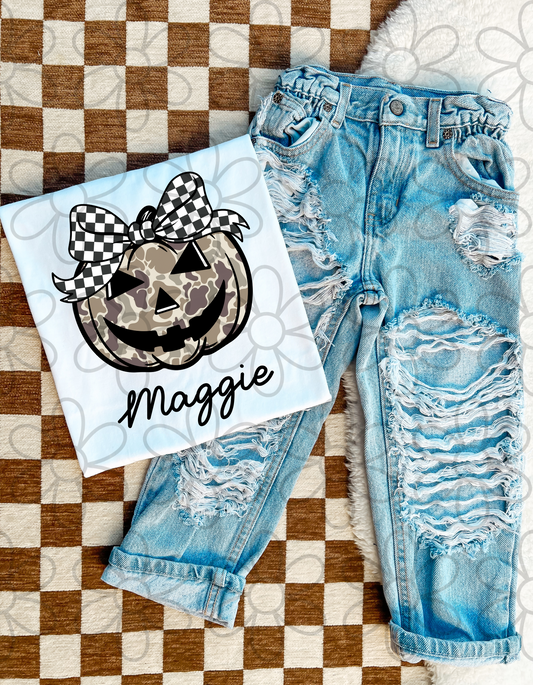 Camo Pumpkin Checkered Bow Custom Name Kids Completed Tee