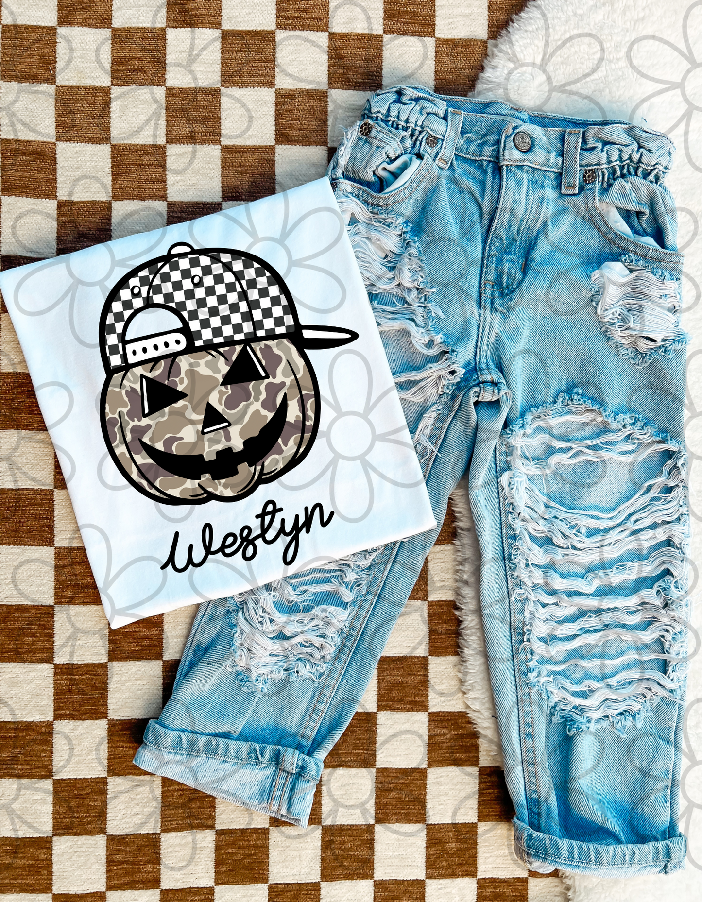 Camo Pumpkin Checkered Hat Custom Name Completed Tee
