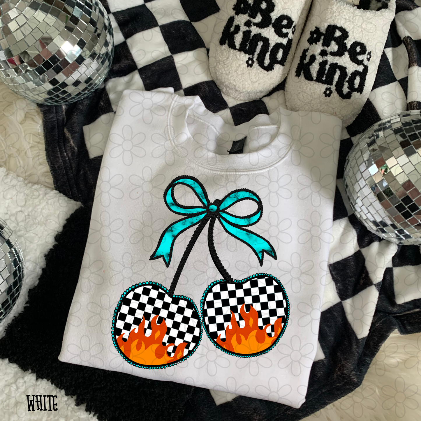 Checkered Flames Cherry Turquoise Bow DTF Transfer