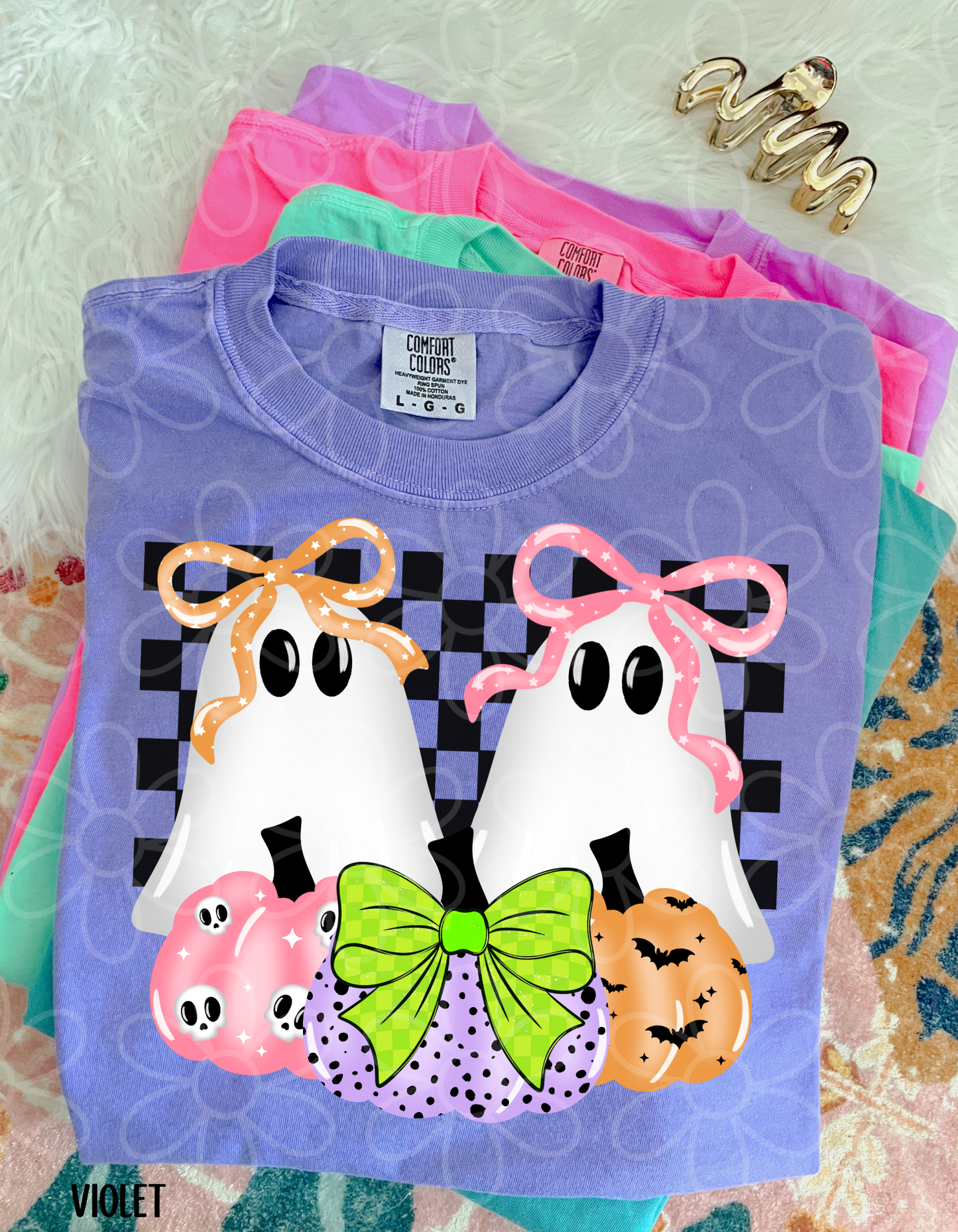 Checkered Ghosts Pumpkins Bows Kids Completed Tee