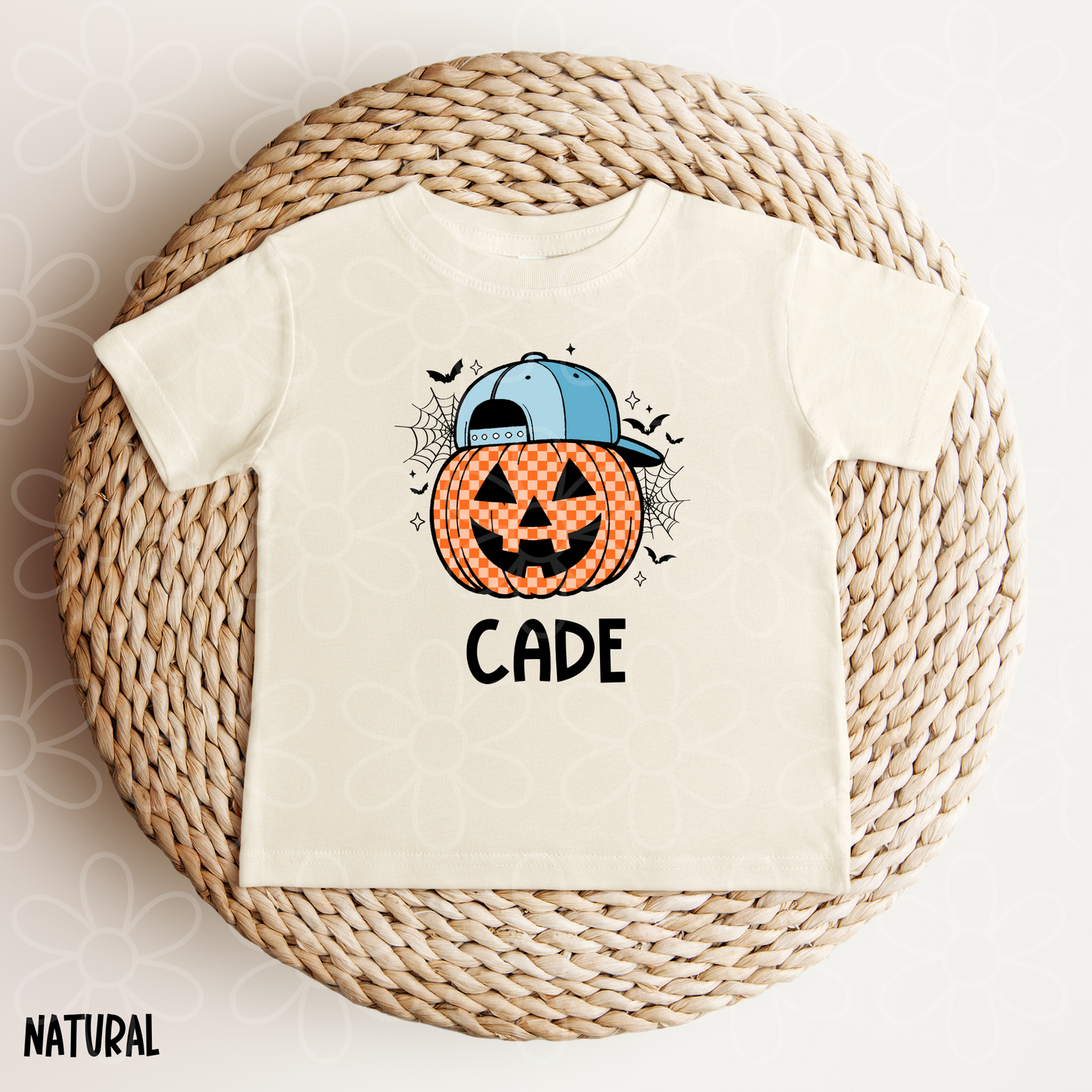 Checkered Pumpkin Blue Hat Custom Name Kids Completed Tee