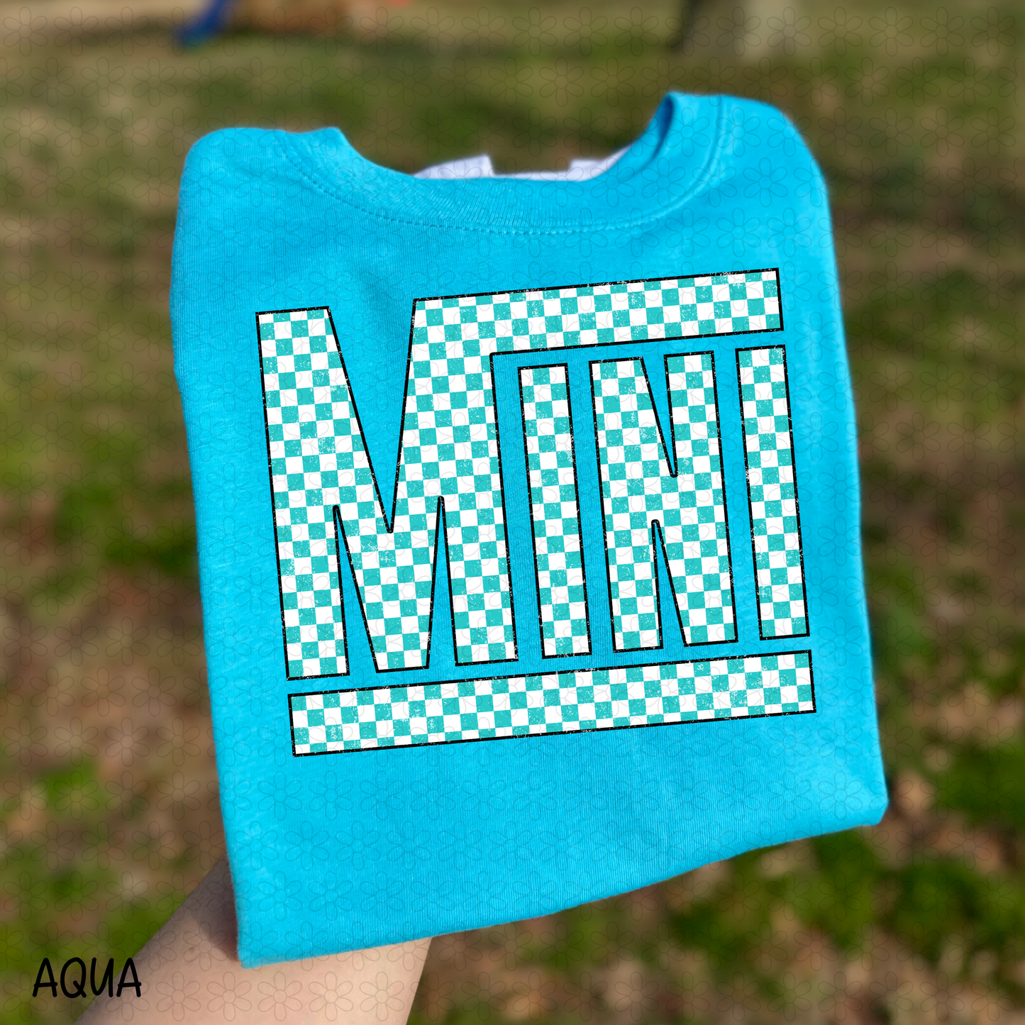 Checkered teal and white mini DTF Transfer