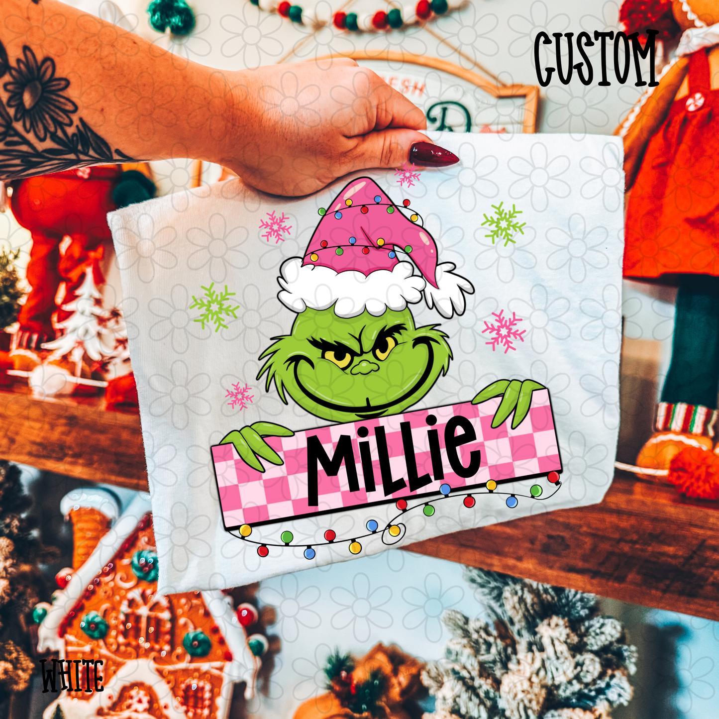 Christmas Grinch Pink Checkered Girls Custom Name DTF Transfer