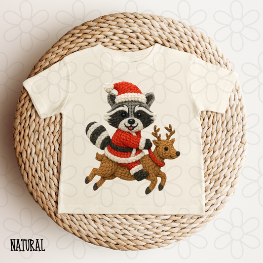 Christmas Raccoon Riding Reindeer Completed Tee