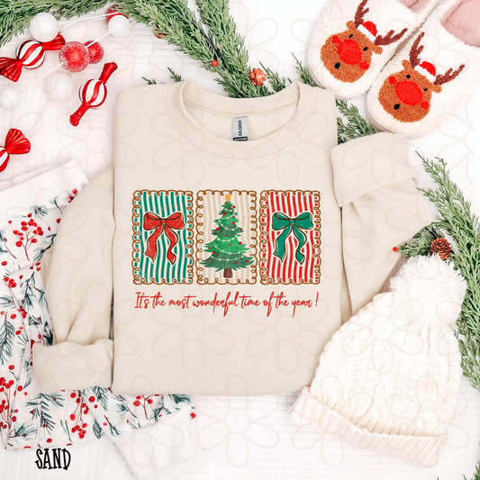 Christmas Stripes Bows It's The Most Wonderful Time Of The Year Kids Completed Tee