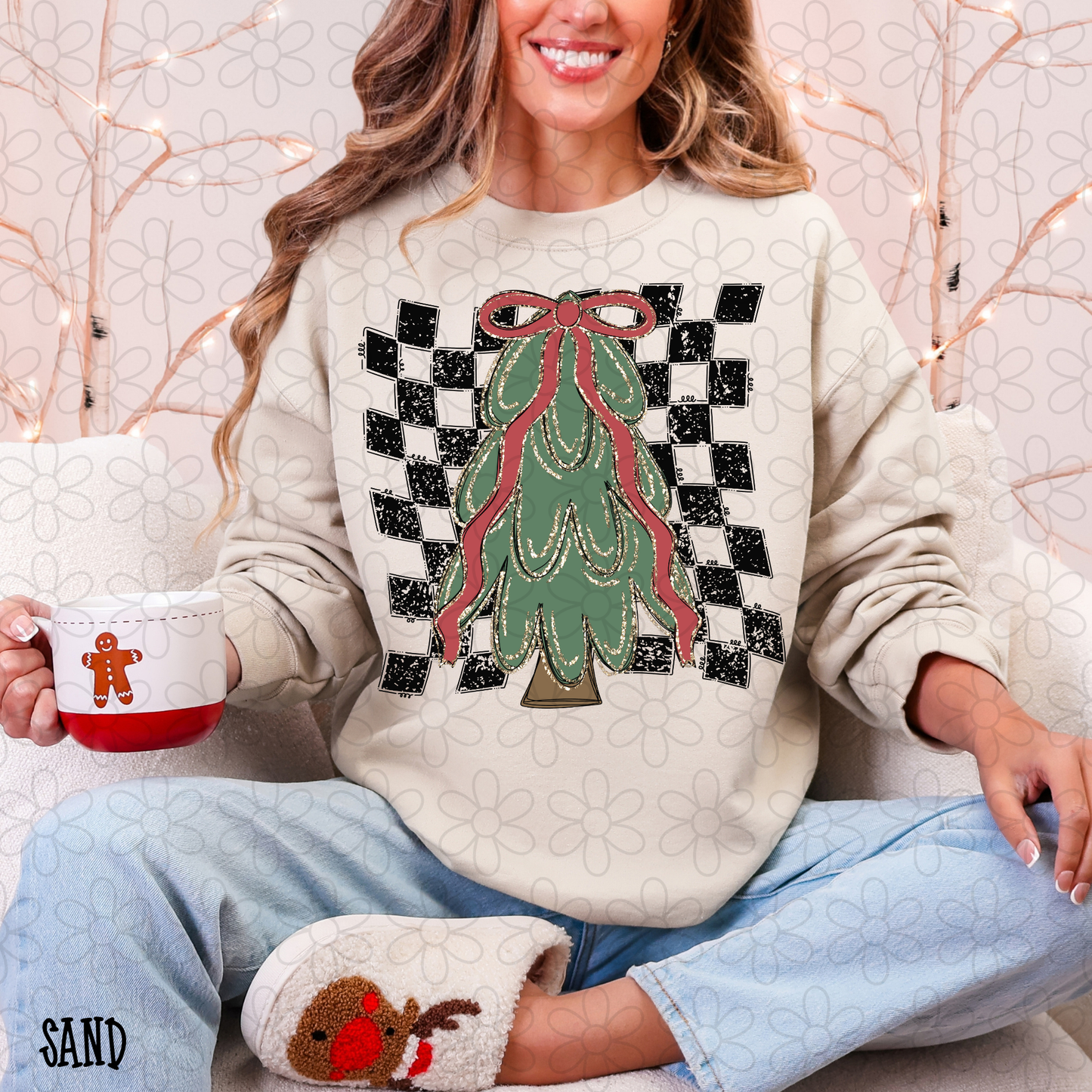 Christmas Tree Gold Distressed Checkered DTF Transfer