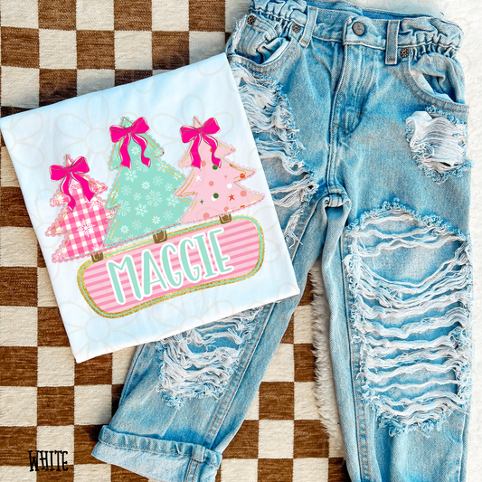 Christmas Trees Pink Bows Custom Name Completed Tee