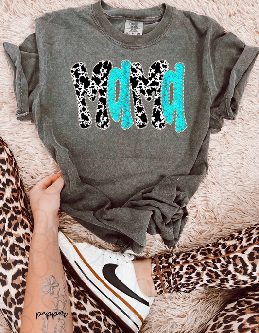 Cow Print Turquoise MaMa DTF Transfer