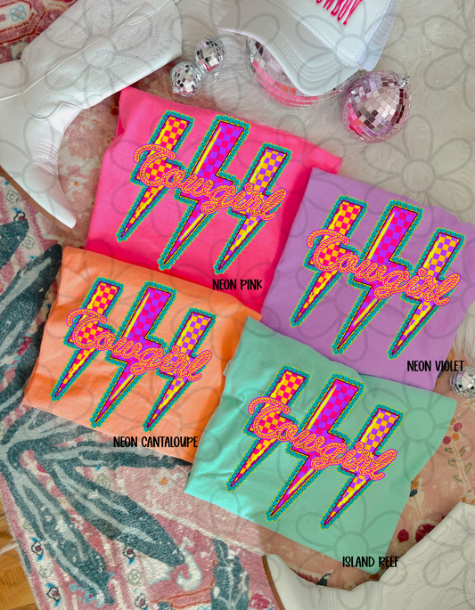 Cowgirl Checkered Lightning Bolts Kids Completed Tee