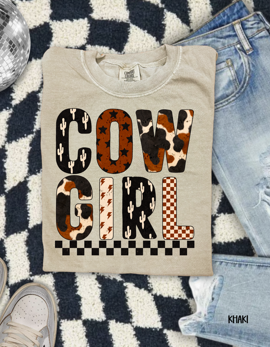 Cowgirl Cow Print Checkered Kids Completed Tee