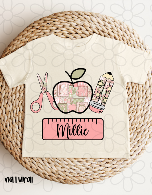 Custom Name Pink & Green Back To School Trio Kids Completed Tee