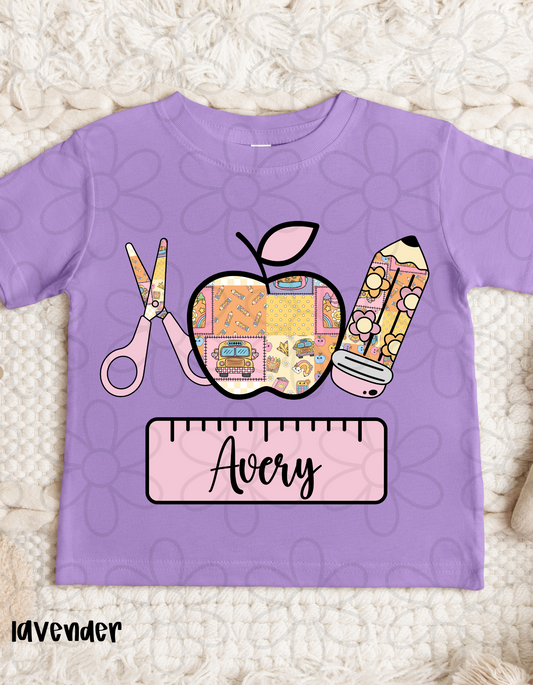 Custom Name Pink & Yellow Back To School Trio Kids Completed Tee