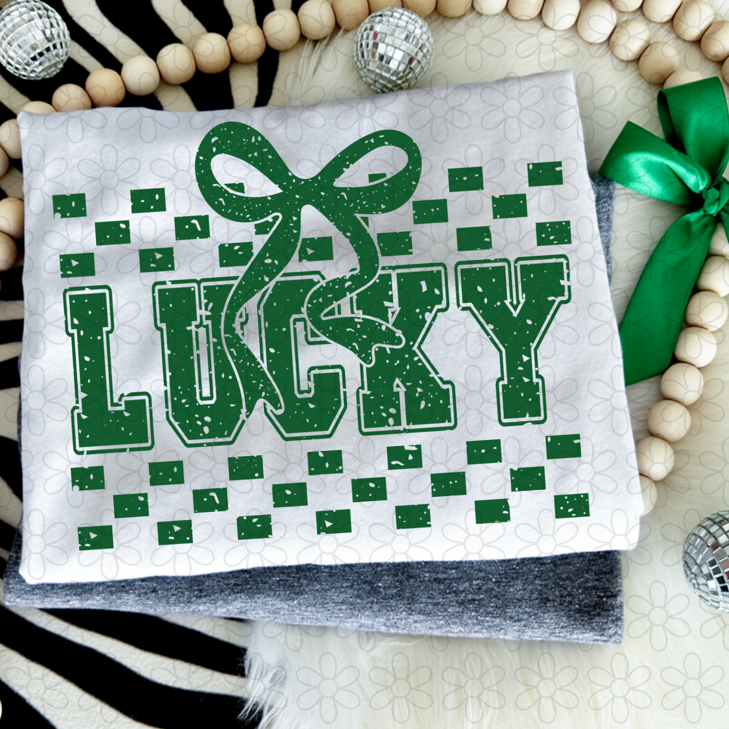 Distressed Lucky Green Checkered Bow DTF Transfer