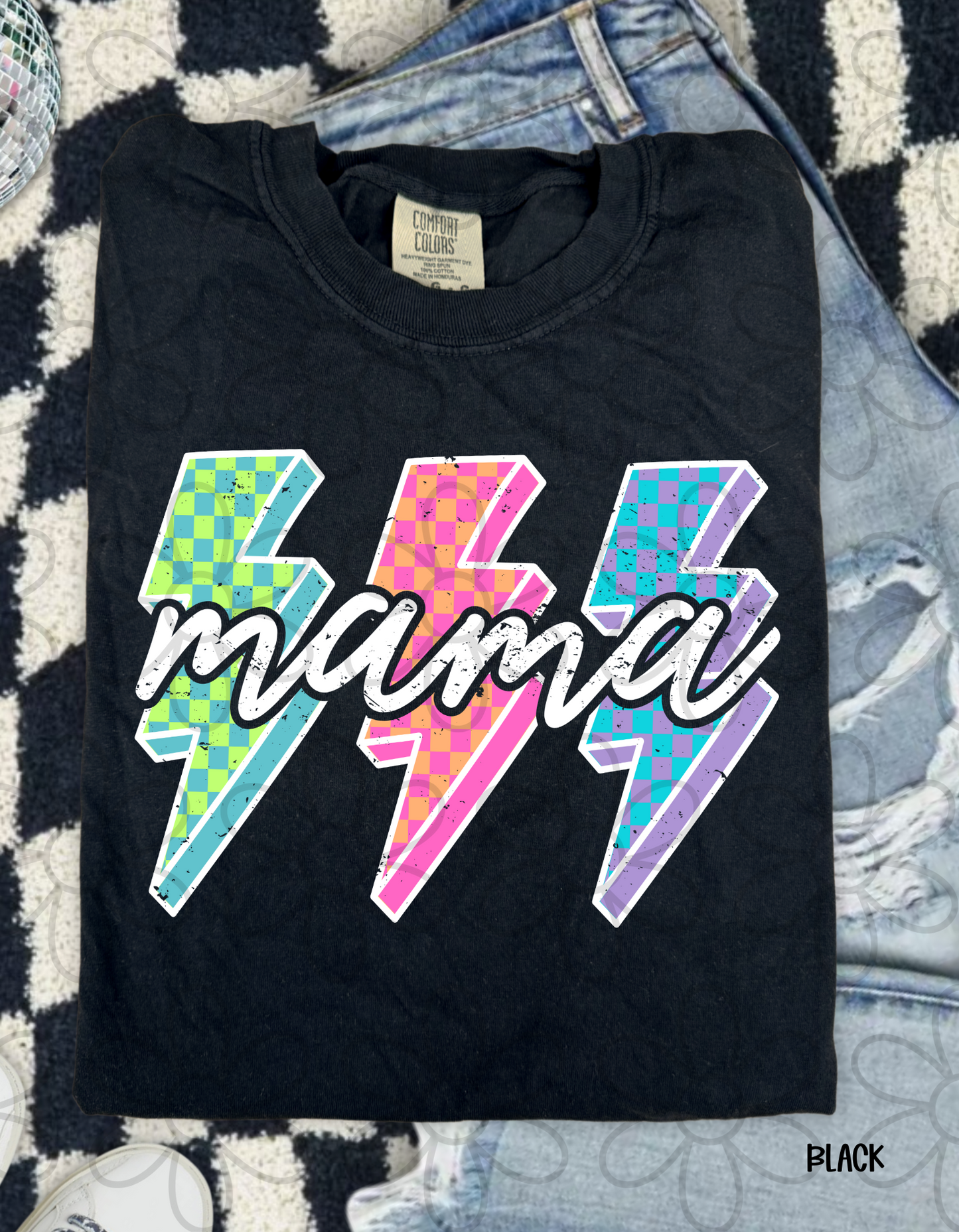 Distressed MaMa Checkered Lightning Bolts DTF Transfer