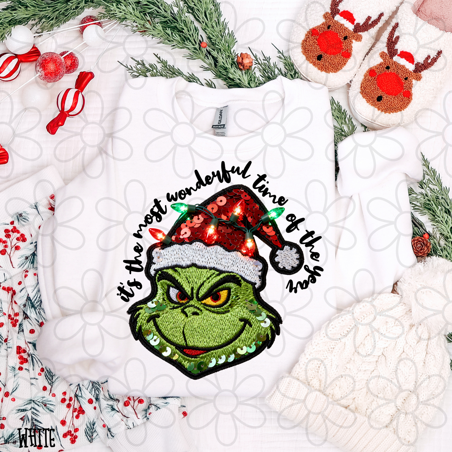 Faux Sequins Grinch It's The Most Wonderful Time Of The Year Kids Completed Tee
