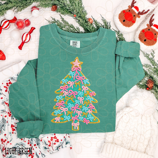 Faux Stitched Christmas Tree Colorful Bows Completed Tee