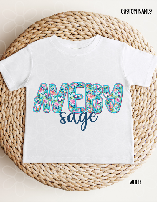 Floral Blue Bow First & Middle Custom Name Kids Completed Tee