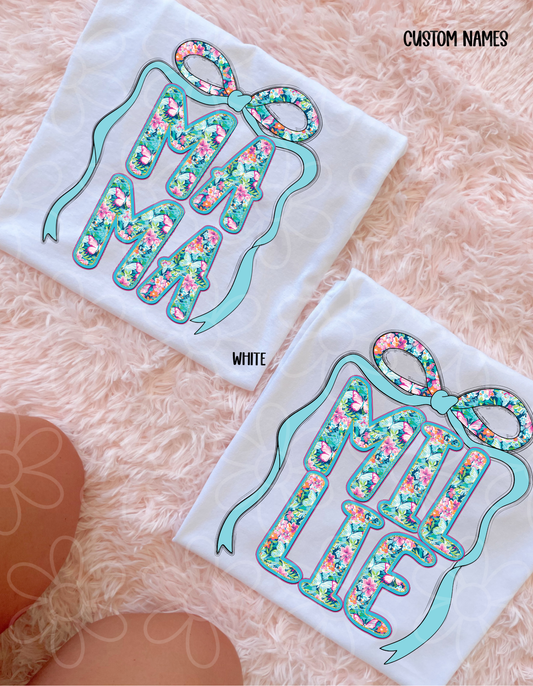 Floral Blue Bow Stacked Custom Names Kids Completed Tee