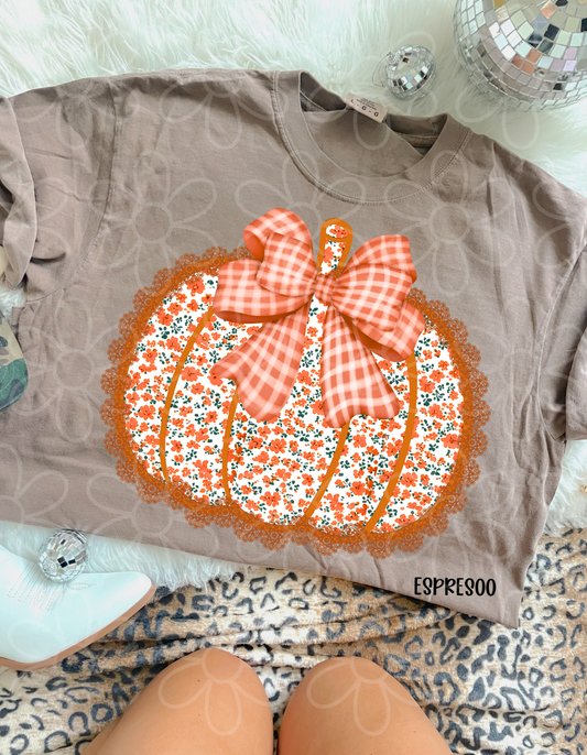 Floral Pumpkin Plaid Bow Kids Completed Tee