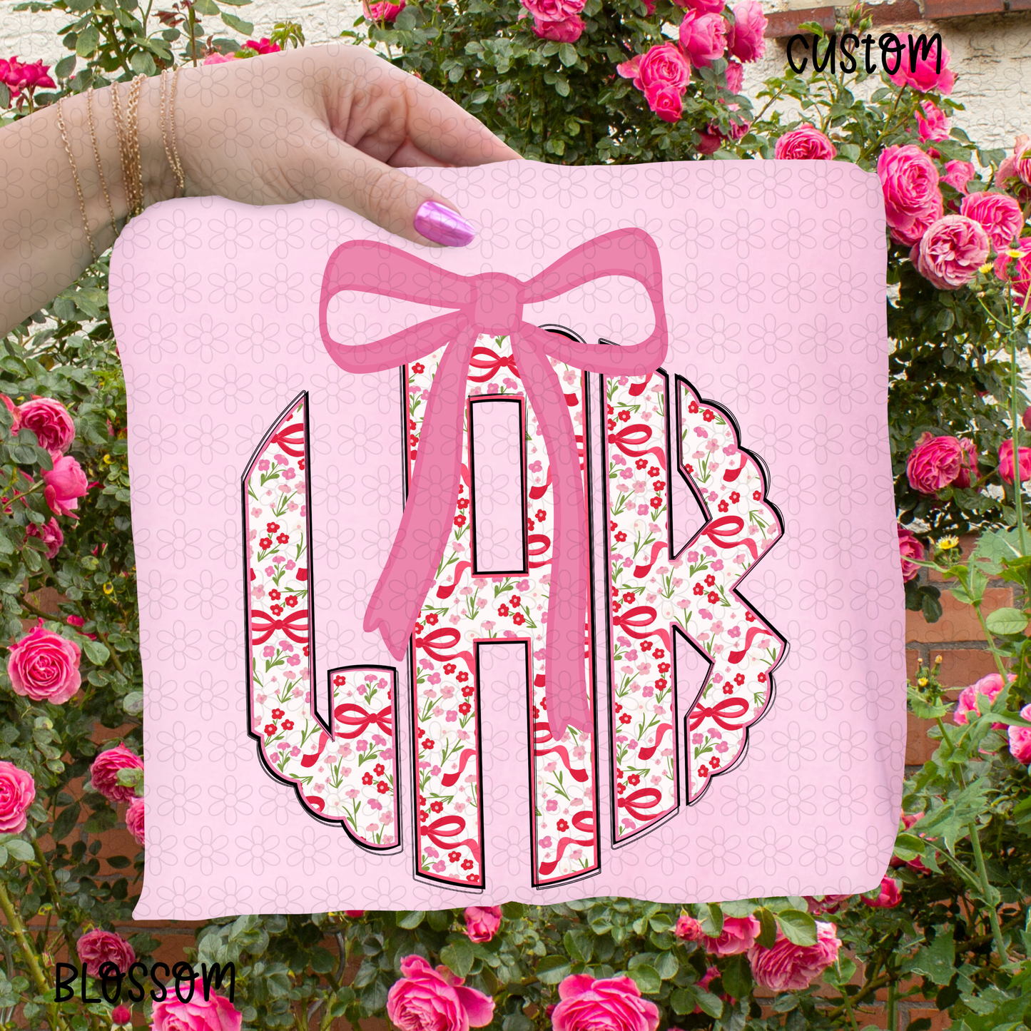 Floral pink bow monogram DTF Transfer